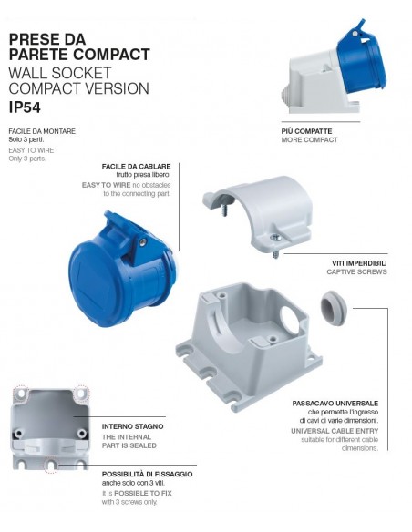 PRESA INDUSTRIALE 16A MONOFASE DA PARETE INCLINATA 3 POLI 2P+T 16A IP54 220V PROFESSIONALE MARCA ROSI