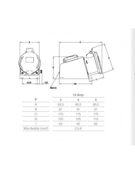 PRESA INDUSTRIALE 16A DUO TRIFASE MONOFASE DA PARETE INCLINATA 5 POLI 3P+N+T 16A +PRESA SCHUKO 220/250V 380/415V IP54 MARCA ROSI