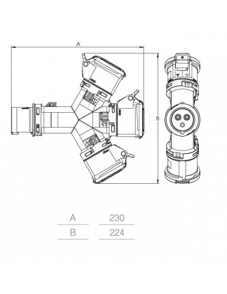 ADATTATORE MOLTIPLICATORE INDUSTRIALE 16A MONOFASE 2P+T 220V CON 3 PRESE INDUSTRIALI 3 POLI 2P+T 16A IP54 220V MARCA ROSI