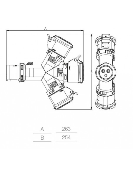 ADATTATORE MOLTIPLICATORE INDUSTRIALE 16A TRIFASE 3P+N+T 380V CON 3 PRESE INDUSTRIALI 5 POLI 3P+N+T 16A IP54 380V MARCA ROSI
