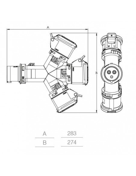 ADATTATORE MOLTIPLICATORE INDUSTRIALE 32A MONOFASE 2P+T 220V CON 3 PRESE INDUSTRIALI 3 POLI 2P+T 32A IP54 220V MARCA ROSI