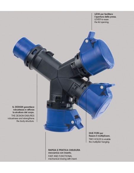 ADATTATORE MOLTIPLICATORE INDUSTRIALE 32A TRIFASE 3P+T 380V CON 3 PRESE INDUSTRIALI 4 POLI 3P+T 32A IP54 380V MARCA ROSI