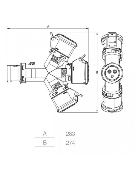 ADATTATORE MOLTIPLICATORE INDUSTRIALE 32A TRIFASE 3P+T 380V CON 3 PRESE INDUSTRIALI 4 POLI 3P+T 32A IP54 380V MARCA ROSI