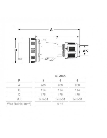 SPINA INDUSTRIALE 63A MONOFASE 2P+T IP67 220V VOLANTE PROFESSIONALE 3 POLI MARCA ROSI MADE IN ITALY