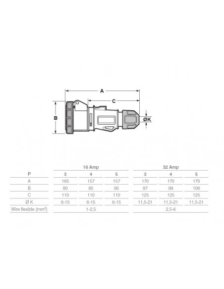 PRESA INDUSTRIALE 32A MONOFASE 2P+T IP67 220V VOLANTE PROFESSIONALE 3 POLI MARCA ROSI MADE IN ITALY
