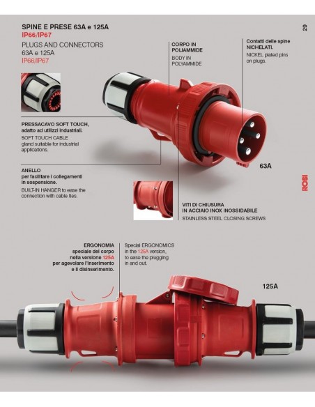 PRESA INDUSTRIALE 125A TRIFASE 3P+T IP67 380V VOLANTE PROFESSIONALE 4 POLI MARCA ROSI MADE IN ITALY