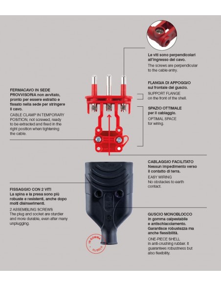PRESA ELETTRICA 10/16A ANTISCHIACCIAMENTO NERA 2P+T MONOFASE 220V GOMMA VOLANTE PROFESSIONALE MARCA ROSI ELA PLUG MADE ITALY