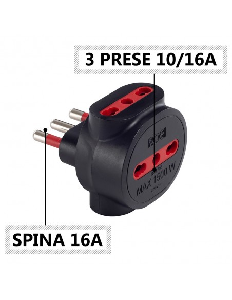 ADATTATORE TRIPLO ELETTRICO 16A NERO 2P+T 220V 10/16A PROFESSIONALE VOLANTE MARCA ROSI EMILIA SPECIALIST IMQ MADE IN ITALY
