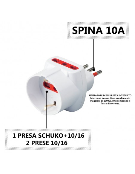 ADATTATORE TRIPLO ELETTRICO 10A BIANCO 2P+T 220V 10/16A CON LIMITATORE 2300W PROFESSIONALE MARCA ROSI EMILIA PRIME MADE IN ITALY