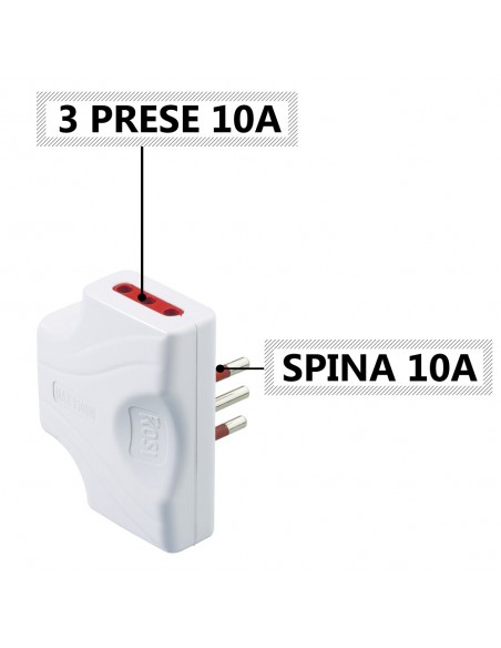 ADATTATORE PIATTO TRIPLO ELETTRICO 10A BIANCO 2P+T 220V PROFESSIONALE MARCA ROSI EMILIA EXTRA-PIATTA MADE IN ITALY