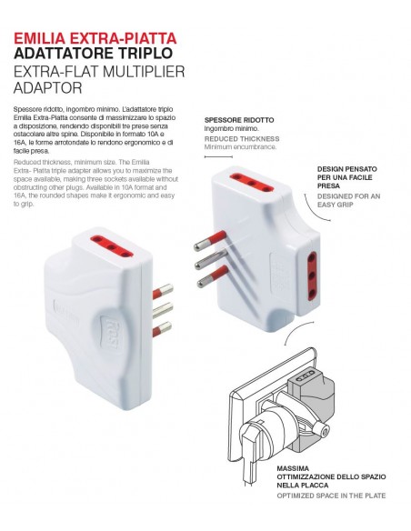 ADATTATORE PIATTO TRIPLO ELETTRICO 10A BIANCO 2P+T 220V PROFESSIONALE MARCA ROSI EMILIA EXTRA-PIATTA MADE IN ITALY