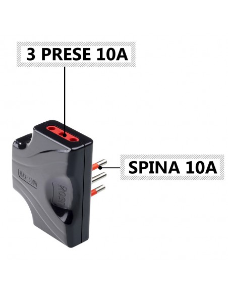 ADATTATORE PIATTO TRIPLO ELETTRICO 10A NERO 2P+T 220V PROFESSIONALE MARCA ROSI EMILIA EXTRA-PIATTA MADE IN ITALY