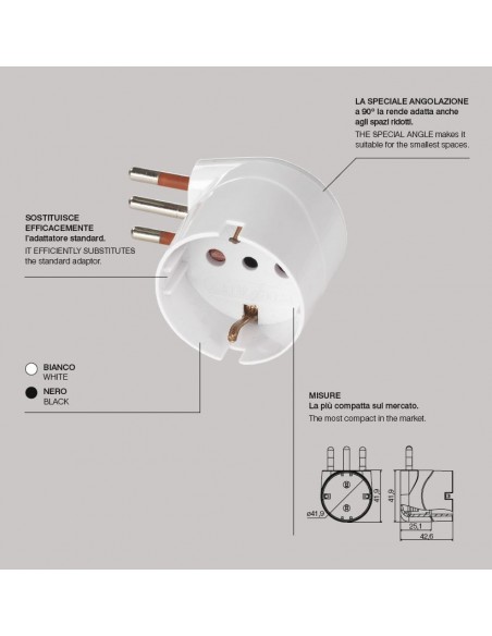 ADATTATORE SCHUKO SALVASPAZIO ELETTRICO 10A BIANCO 2P+T 90° 220V 10A PROFESSIONALE MARCA ROSI UNIKA MADE IN ITALY