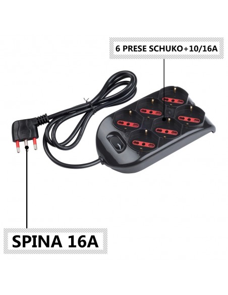 MULTIPRESA ELETTRICA CIABATTA 6 POSTI NERA 2P+T 220V SCHUKO 10/16A 1,5mt PROFESSIONALE MARCA ROSI EMILIA MADE IN ITALY