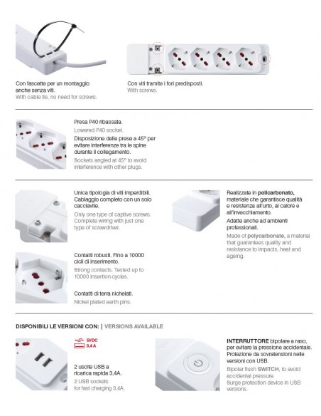 MULTIPRESA ELETTRICA PIATTA CIABATTA 3 POSTI BIANCA 2P+T 220V SCHUKO 10/16A 1,5mt MARCA ROSI SPECIALIST IMQ MADE IN ITALY