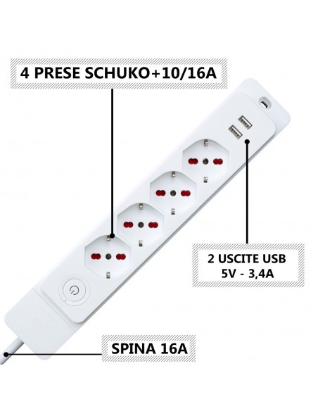 MULTIPRESA ELETTRICA PIATTA CIABATTA 4 POSTI BIANCA 2P+T 220V SCHUKO 10/16A USB MARCA ROSI EMILIA SPECIALIST IMQ MADE IN ITALY