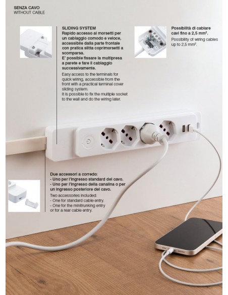 MULTIPRESA ELETTRICA PIATTA CIABATTA 4 POSTI NERA 2P+T 220V SCHUKO 10/16A USB MARCA ROSI EMILIA SPECIALIST IMQ MADE IN ITALY