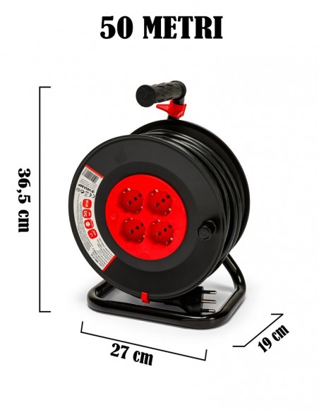 PROLUNGA ELETTRICA 50 METRI CON AVVOLGICAVO H05VV-F 3G1.5 mm² con 4 PRESE SCHUKO 10/16A 2P+T 220V MONOFASE 3200W MARCA VELAMP