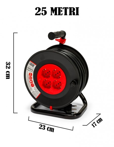 PROLUNGA ELETTRICA 25 METRI CON AVVOLGICAVO H05VV-F 3G1.5 mm² con 4 PRESE SCHUKO 10/16A 2P+T 220V MONOFASE 3200W MARCA VELAMP