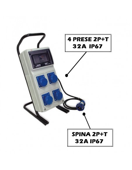 QUADRO ELETTRICO INDUSTRIALE + CAVALLETTO 32A CANTIERE 220V 4 PRESE IND. 2P+T 32A IP67 MAGNETOTERMICO ASC MONOFASE CERTIFICATO
