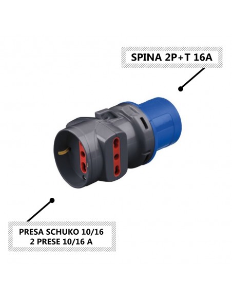 ADATTATORE INDUSTRIALE 16A MONOFASE SPINA IND. 2P+T (3 POLI) 16A A PRESA SCHUKO 10/16A + 2 PRESE BIV 10/16A IP20 220V MARCA ROSI