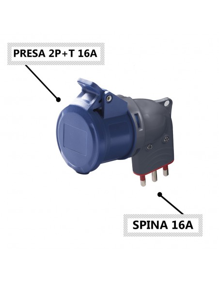 ADATTATORE INDUSTRIALE 16A MONOFASE CON SPINA 16A DOMESTICA A PRESA IND. 2P+T (3 POLI) 16A IP20 220V MARCA ROSI