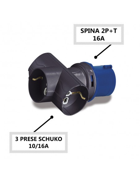 ADATTATORE INDUSTRIALE 16A MONOFASE CON SPINA IND. 2P+T (3 POLI) 16A A 3 PRESE SCHUKO 10/16A IP20 220V MARCA ROSI