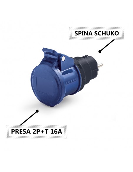 ADATTATORE INDUSTRIALE 16A MONOFASE CON SPINA SCHUKO A PRESA IND. 2P+T (3 POLI) 16A IP20 220V MARCA ROSI