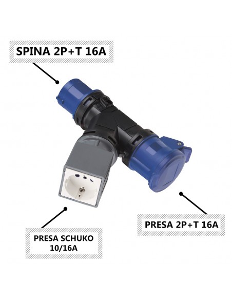 ADATTATORE INDUSTRIALE 16A MONOFASE 220V SPINA IND. 2P+T 3 POLI A PRESA IND. 2P+T 3 POLI 16A + SCHUKO 10/16A IP20 MARCA ROSI