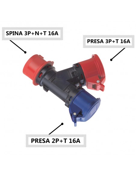 ADATTATORE INDUSTRIALE 16A TRIFASE MONOFASE 220/380V SPINA IND. 3P+N+T CON PRESA IND. 2P+T 16A / 3P+T 16A IP54 MARCA ROSI