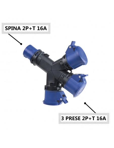 ADATTATORE MOLTIPLICATORE INDUSTRIALE 16A MONOFASE 2P+T 220V CON 3 PRESE INDUSTRIALI 3 POLI 2P+T 16A IP54 220V MARCA ROSI