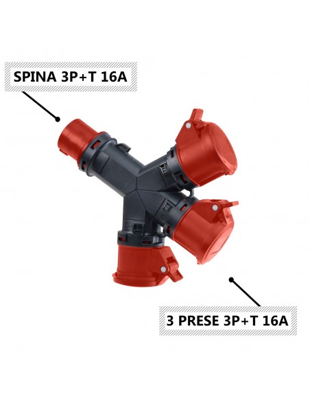 ADATTATORE MOLTIPLICATORE INDUSTRIALE 16A TRIFASE 3P+T 380V CON 3 PRESE INDUSTRIALI 4 POLI 3P+T 16A IP54 380V MARCA ROSI