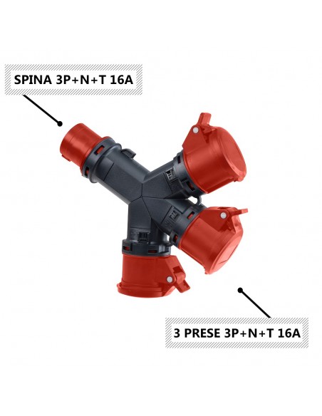 ADATTATORE MOLTIPLICATORE INDUSTRIALE 16A TRIFASE 3P+N+T 380V CON 3 PRESE INDUSTRIALI 5 POLI 3P+N+T 16A IP54 380V MARCA ROSI