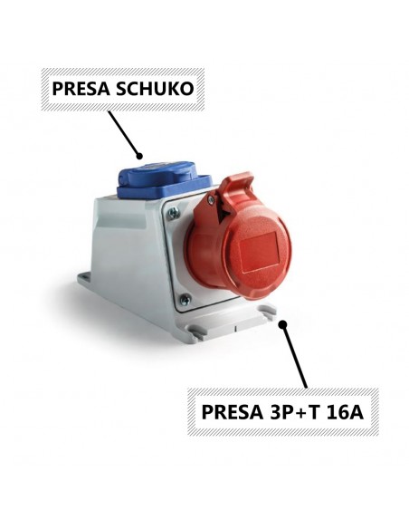 PRESA INDUSTRIALE 16A DUO TRIFASE MONOFASE DA PARETE INCLINATA 4 POLI 3P+T 16A + PRESA SCHUKO  220/250V 380/415V IP54 MARCA ROSI