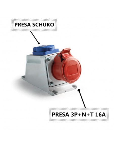 PRESA INDUSTRIALE 16A DUO TRIFASE MONOFASE DA PARETE INCLINATA 5 POLI 3P+N+T 16A +PRESA SCHUKO 220/250V 380/415V IP54 MARCA ROSI