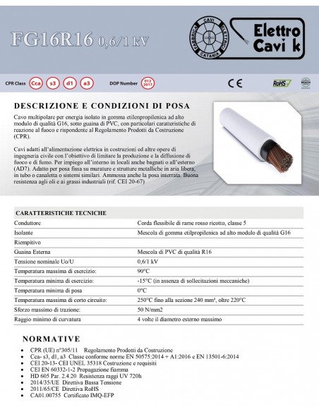 CAVO ELETTRICO FG16R16 1x6 mm² IN DOPPIA GUAINA PER USO ESTERNO E INTERNO UNIPOLARE 1 POLO CPR 0,6/1 kV IEMMEQU