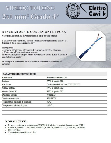 CAVO PER VIDEOCITOFONO 2x1 mm² GRADO...