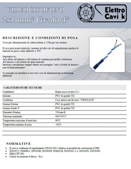 CAVO PER VIDEOCITOFONO 2x1 mm² GRADO 4° PER USO ESTERNO 2 FILI TWISTATO BIPOLARE 2 POLI PROFESSIONALE UNIVERSALE MADE IN ITALY