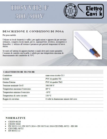 CAVO ELETTRICO PIATTO H05VVH2-F 2x1 mm² ELETTRODOMESTICO BIANCO BIPOLARE 2 POLI FLESSIBILE CPR MADE IN ITALY