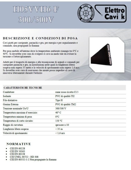 CAVO ELETTRICO PIATTO H05VVH6-F 9x0.75 mm² PER ASCENSORE MONTACARICHI FLESSIBILE MULTIPOLARE 9 POLI NERO PROFESSIONALE ITALY