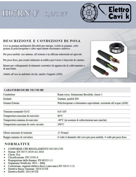 CAVO ELETTRICO H07RN-F 5G10 mm² IN GOMMA PER USO ESTERNO E INTERNO RESISTENTE ALL' ACQUA PENTAPOLARE 5 POLI CPR IMQ 0,6/1 kV