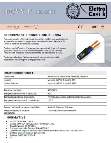 CAVO ELETTRICO H03VV-F 2x0,50 mm²...