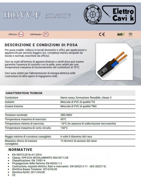 CAVO ELETTRICO H03VV-F 2x0,75 mm² BIANCO BIPOLARE 2 POLI SIMILGOMMA GOMMATO FLESSIBILE CPR ECA PROFESSIONALE MADE IN ITALY