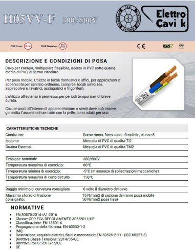 CAVO ELETTRICO H05VV-F 2x1.5 mm²...
