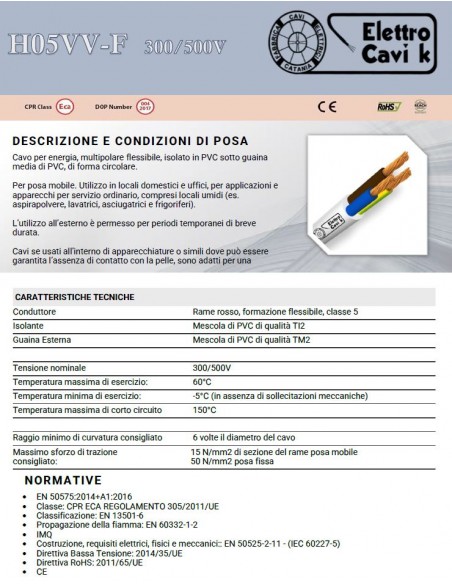 CAVO ELETTRICO H05VV-F 2x1.5 mm² BIANCO BIPOLARE 2 POLI SIMILGOMMA GOMMATO FLESSIBILE CPR ECA PROFESSIONALE MADE IN ITALY