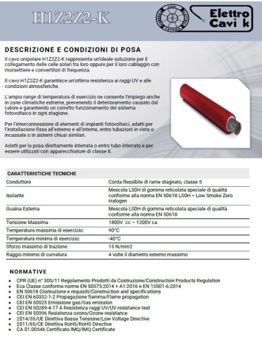 CAVO ELETTRICO H1Z2Z2-K 1x6 mm² NERO...