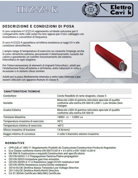 CAVO ELETTRICO H1Z2Z2-K 1x6 mm² NERO ROSSO PANNELLI SOLARI IMPIANTI FOTOVOLTAICI FLESSIBILE IN RAME PROFESSIONALE MADE IN ITALY