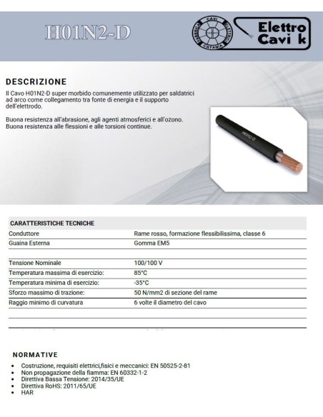 CAVO ELETTRICO PER SALDATRICE 1x50 mm² H01N2-D GOMMA SUPER FLESSIBILE 13,8 mm Ø UNIPOLARE RAME PROFESSIONALE MADE IN ITALY