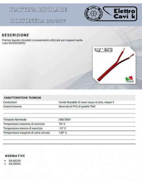 CAVO PIATTINA BIPOLARE ROSSONERA 2x0,50 mm² COLOR ROSSO NERO PER IMPIANTI AUDIO CASSE STEREO AUTO 2 POLI IN RAME MADE IN ITALY
