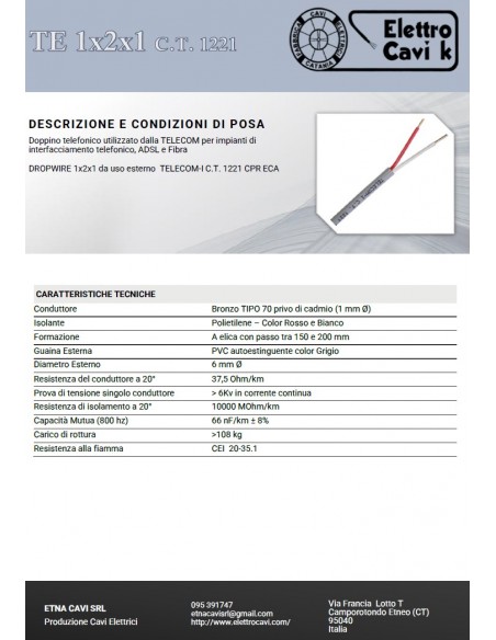 CAVO TELEFONICO DOPPINO TELECOM 1x2x1 mm DA ESTERNO RIGIDO DROPWIRE TELECOM-I 1221 C.T. ECA CPR 2 POLI ROSSO BIANCO MADE ITALY